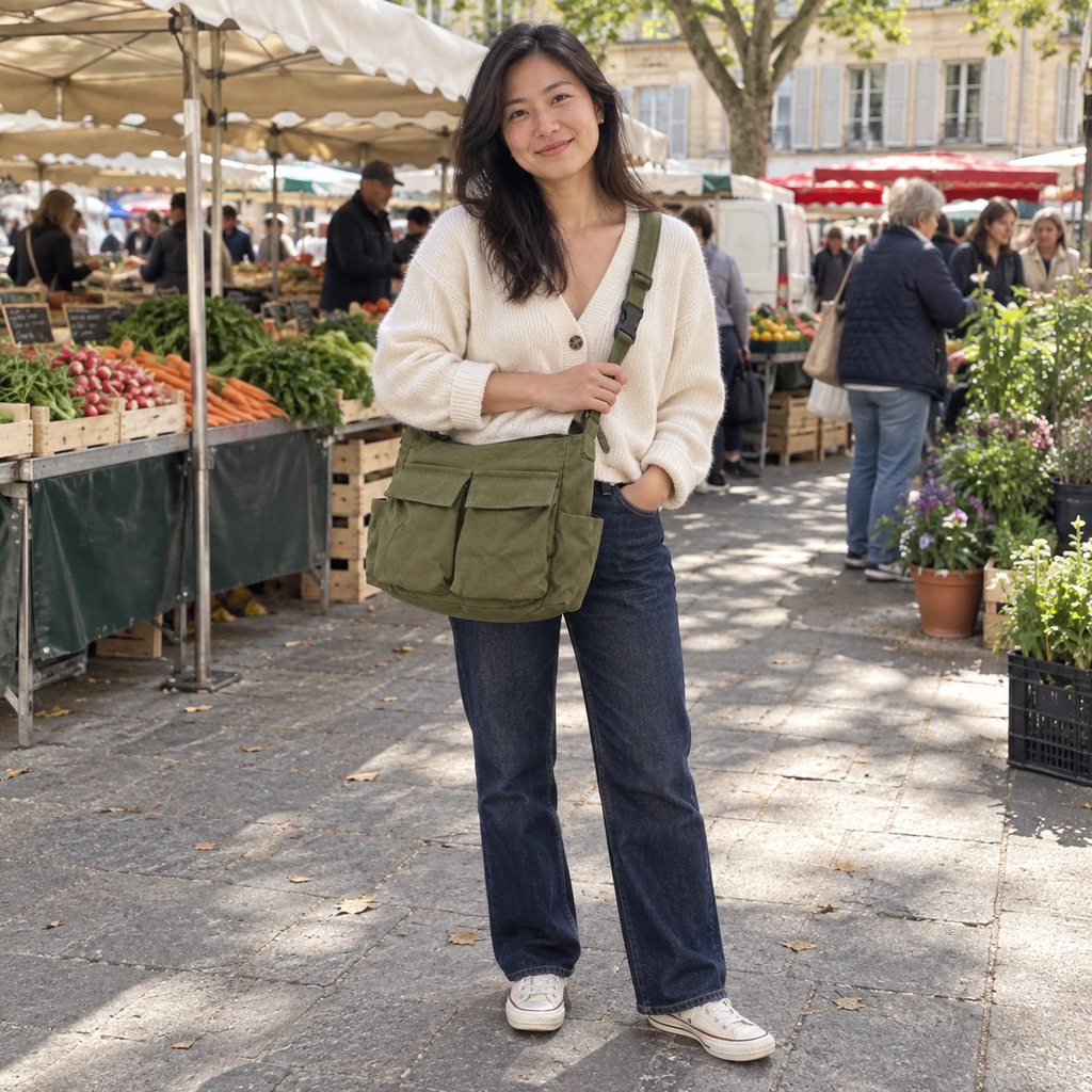 Caluire-et-Cuire - Sac porté épaule en toile, ligne vintage — photo portée naturelle, marché de quartier