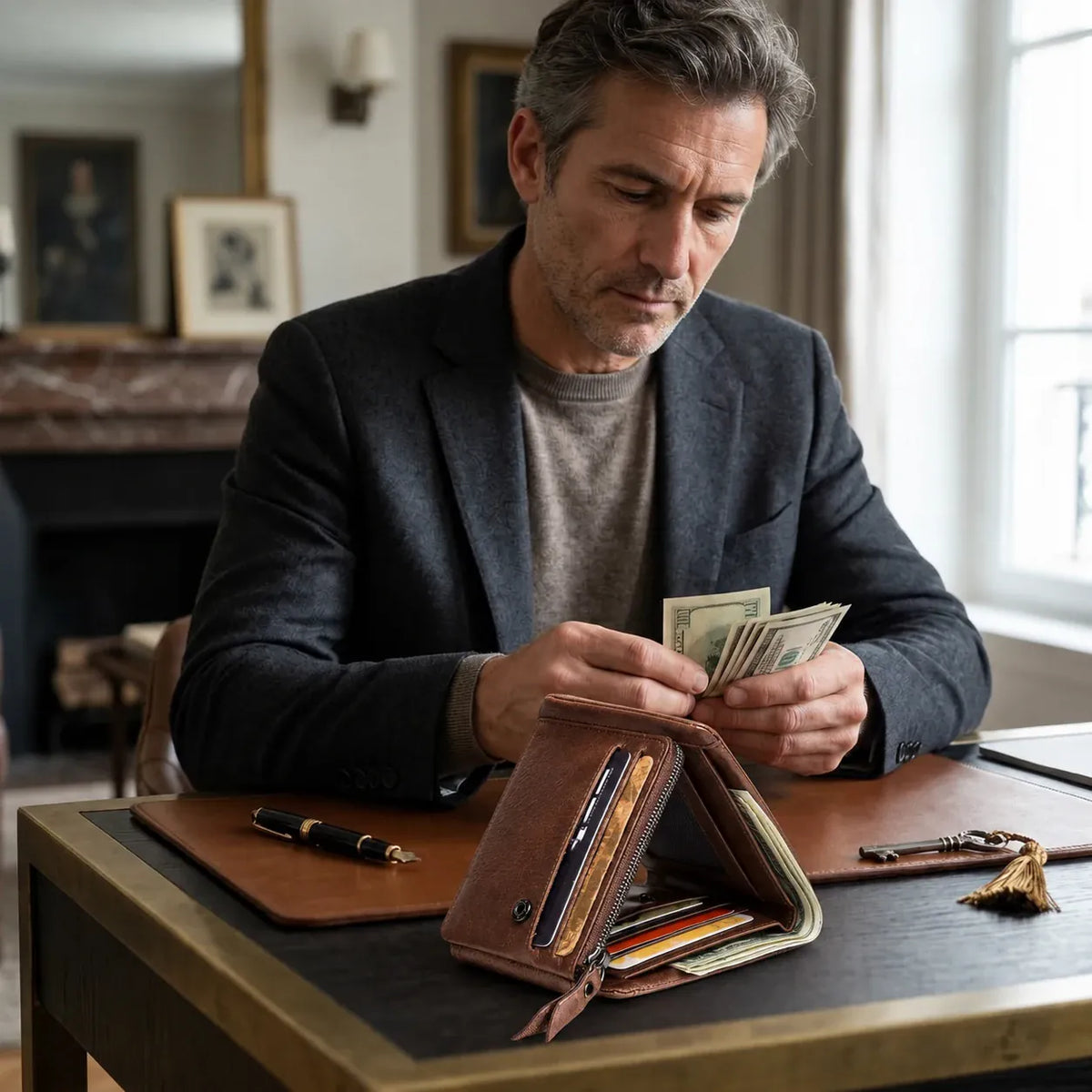 Portefeuille Cannes marron ouvert sur un bureau pendant son utilisation