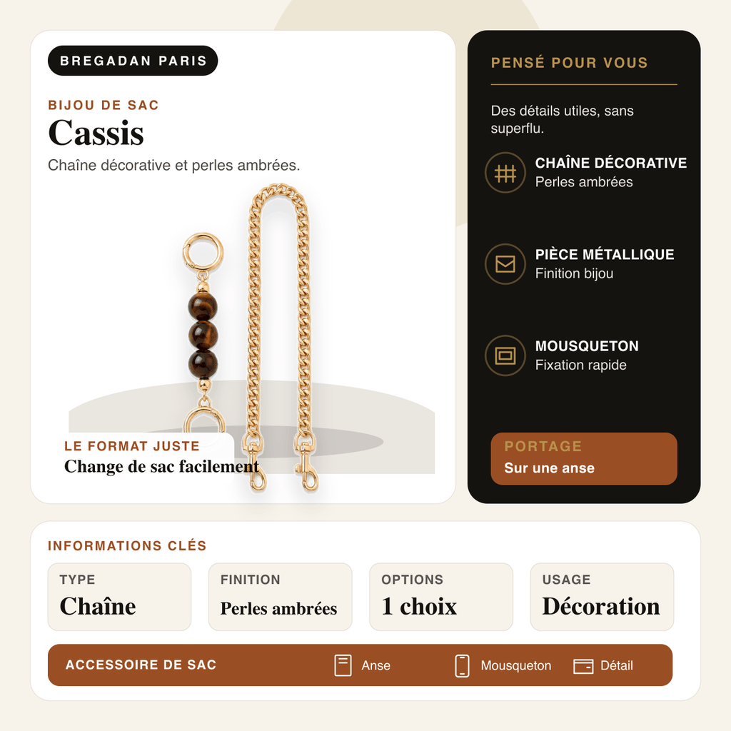 Cassis — infographie Bregadan V3 : chaîne décorative et perles ambrées, type Chaîne, finition Perles ambrées, options