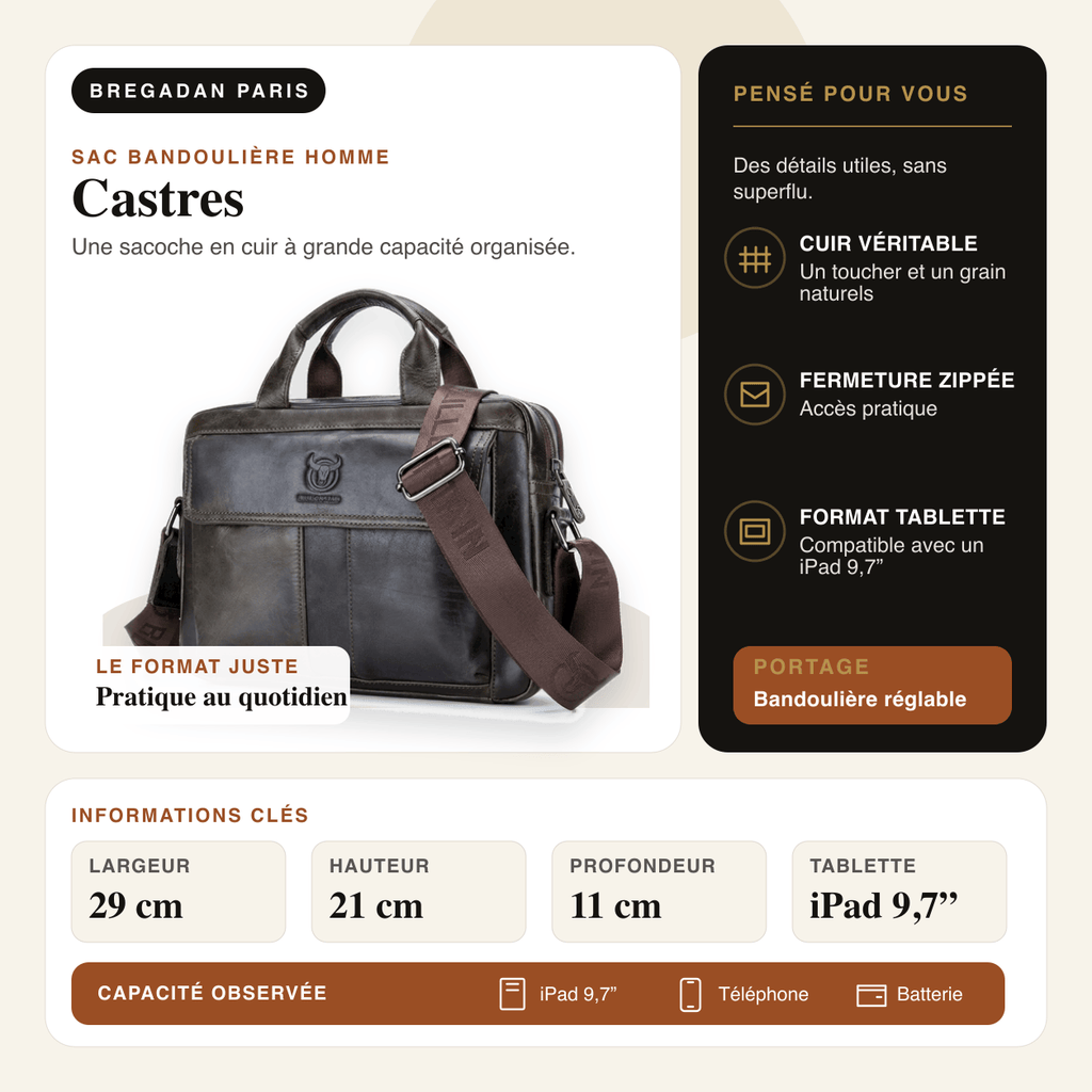 Castres — infographie Bregadan V3 : Une sacoche en cuir à grande capacité organisée; largeur 29 cm, hauteur 21 cm