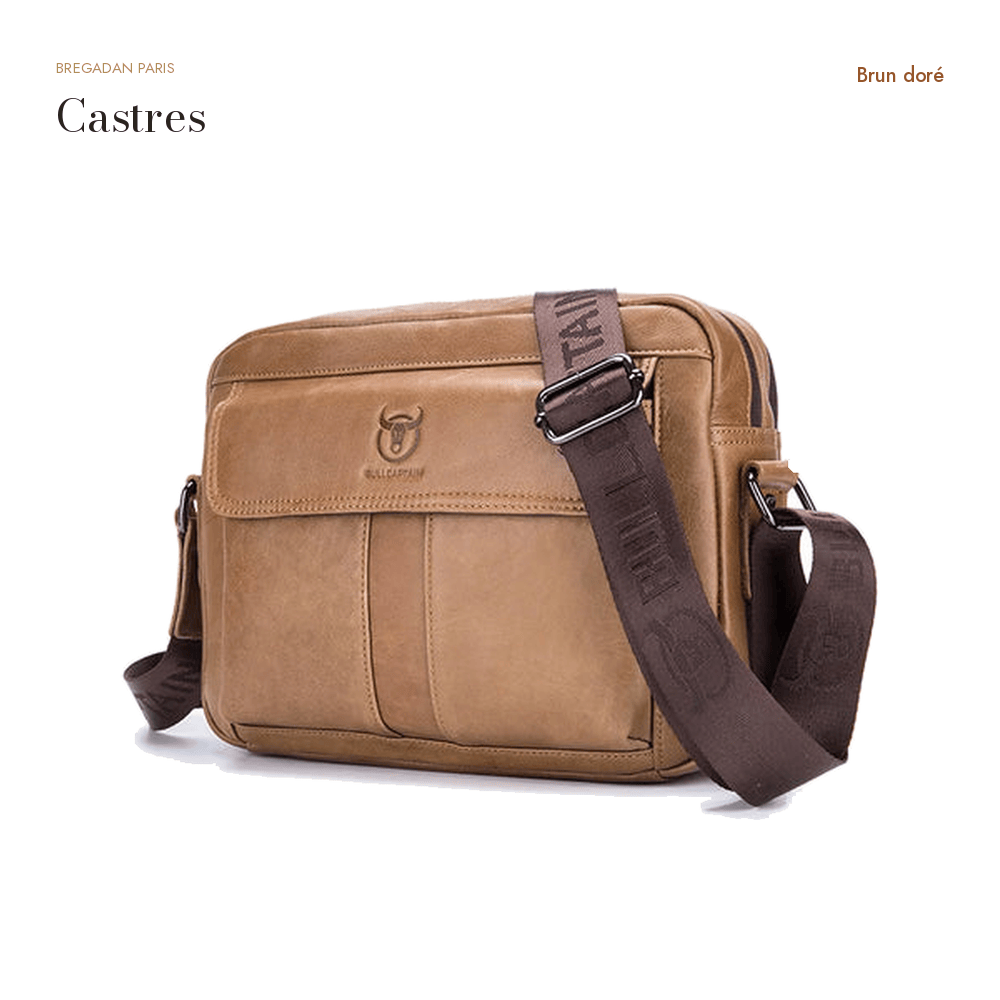 Castres, sacoche bandoulière en cuir véritable, grande capacité — Brun doré