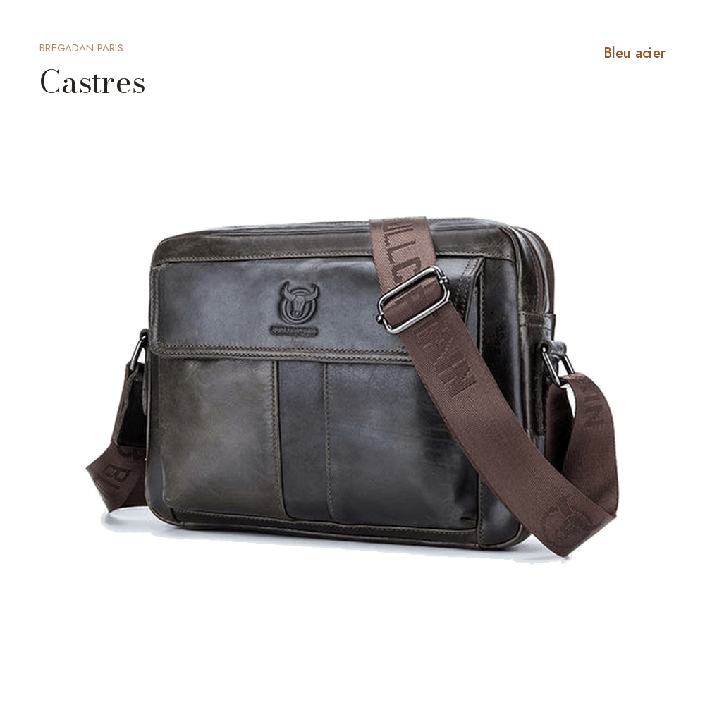Castres, sacoche bandoulière en cuir véritable, grande capacité — Bleu acier
