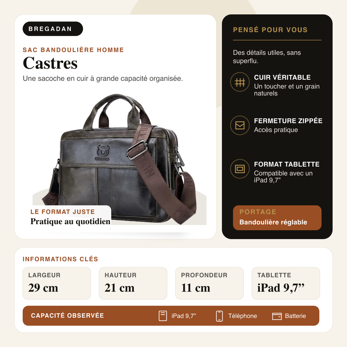 Castres — infographie Bregadan V3 : Une sacoche en cuir à grande capacité organisée; largeur 29 cm, hauteur 21 cm