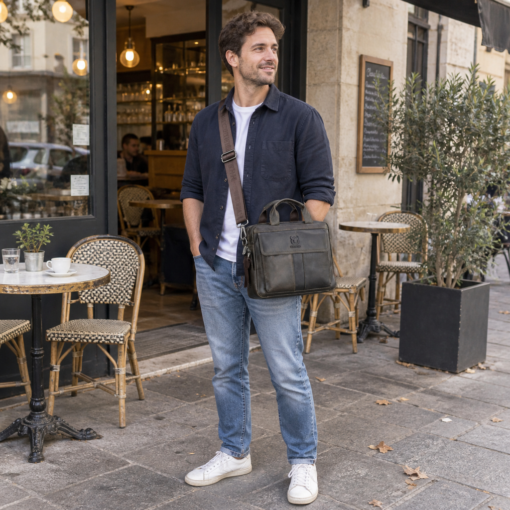 Castres, sacoche bandoulière en cuir portée naturellement devant un café de quartier