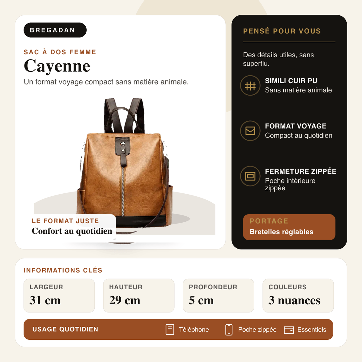 Cayenne — infographie Bregadan V3 : Un format voyage compact sans matière animale