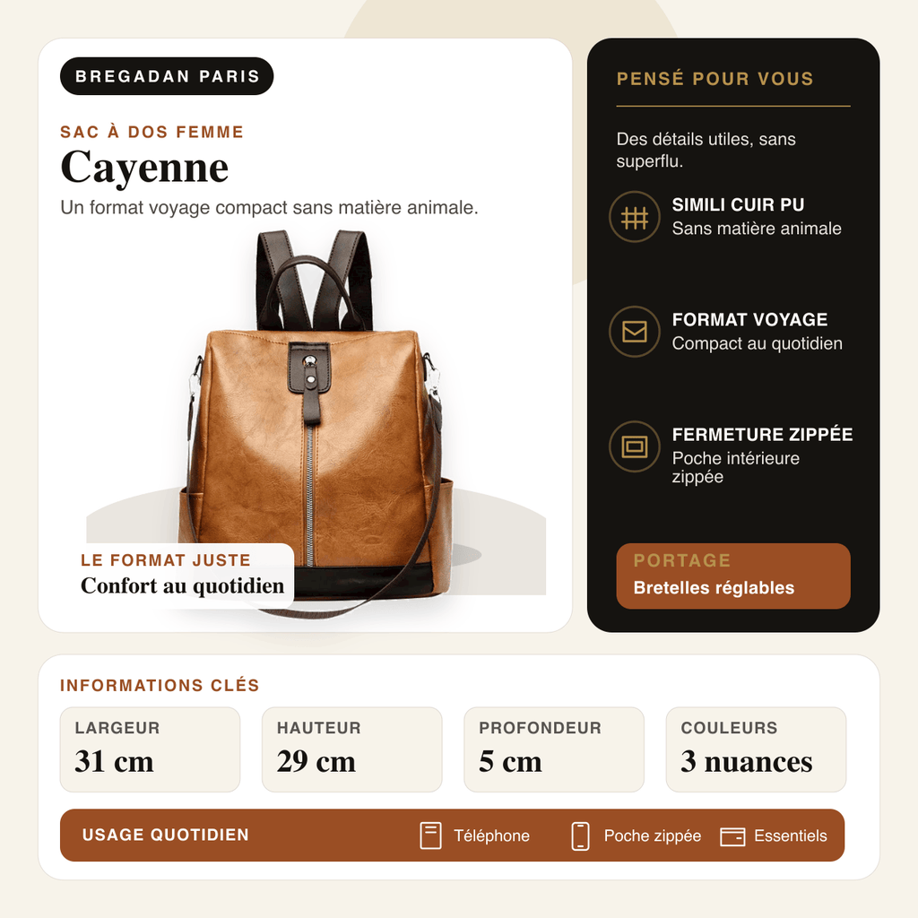 Cayenne — infographie Bregadan V3 : Un format voyage compact sans matière animale
