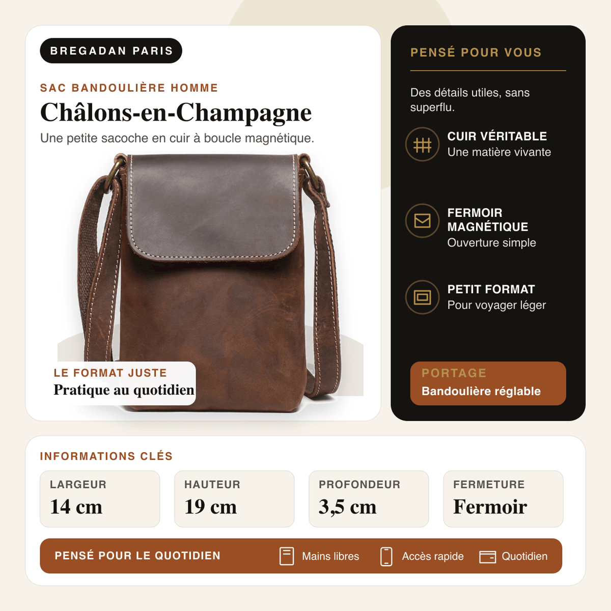 Châlons-en-Champagne — infographie Bregadan V3 : Une petite sacoche en cuir à boucle magnétique; largeur 14 cm