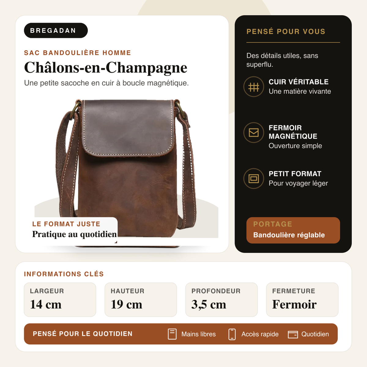 Châlons-en-Champagne — infographie Bregadan V3 : Une petite sacoche en cuir à boucle magnétique; largeur 14 cm
