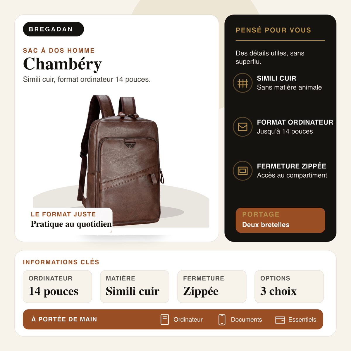 Chambéry — infographie Bregadan V3 : sac à dos en simili cuir pour ordinateur 14 pouces, fermeture zippée.