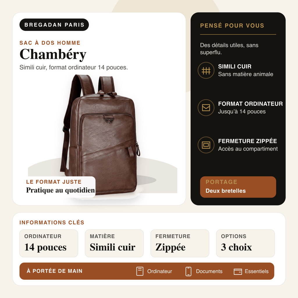 Chambéry — infographie Bregadan V3 : sac à dos en simili cuir pour ordinateur 14 pouces, fermeture zippée.