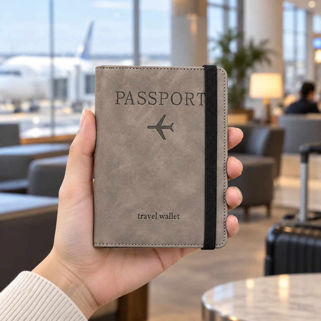 Champigny-sur-Marne — porte-passeport gris taupe tenu en main, vue complète