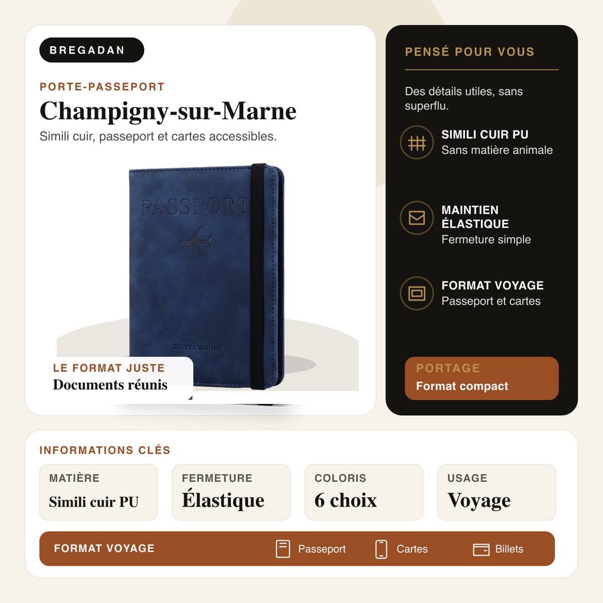 Champigny-sur-Marne — infographie Bregadan V3 : simili cuir, passeport et cartes accessibles, matière Simili cuir PU