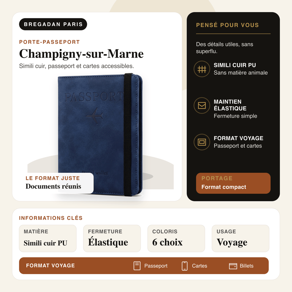 Champigny-sur-Marne — infographie Bregadan V3 : simili cuir, passeport et cartes accessibles, matière Simili cuir PU
