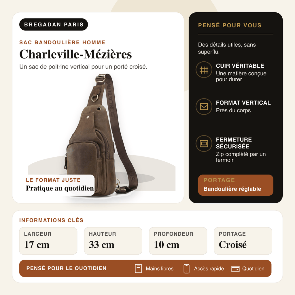 Charleville-Mézières — infographie Bregadan V3 : Un sac de poitrine vertical pour un porté croisé; largeur 17 cm