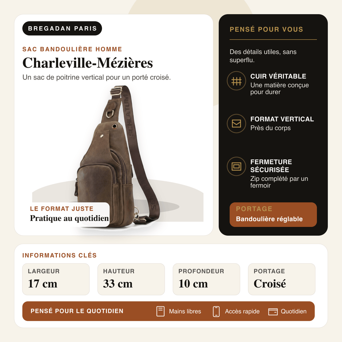 Charleville-Mézières — infographie Bregadan V3 : Un sac de poitrine vertical pour un porté croisé; largeur 17 cm