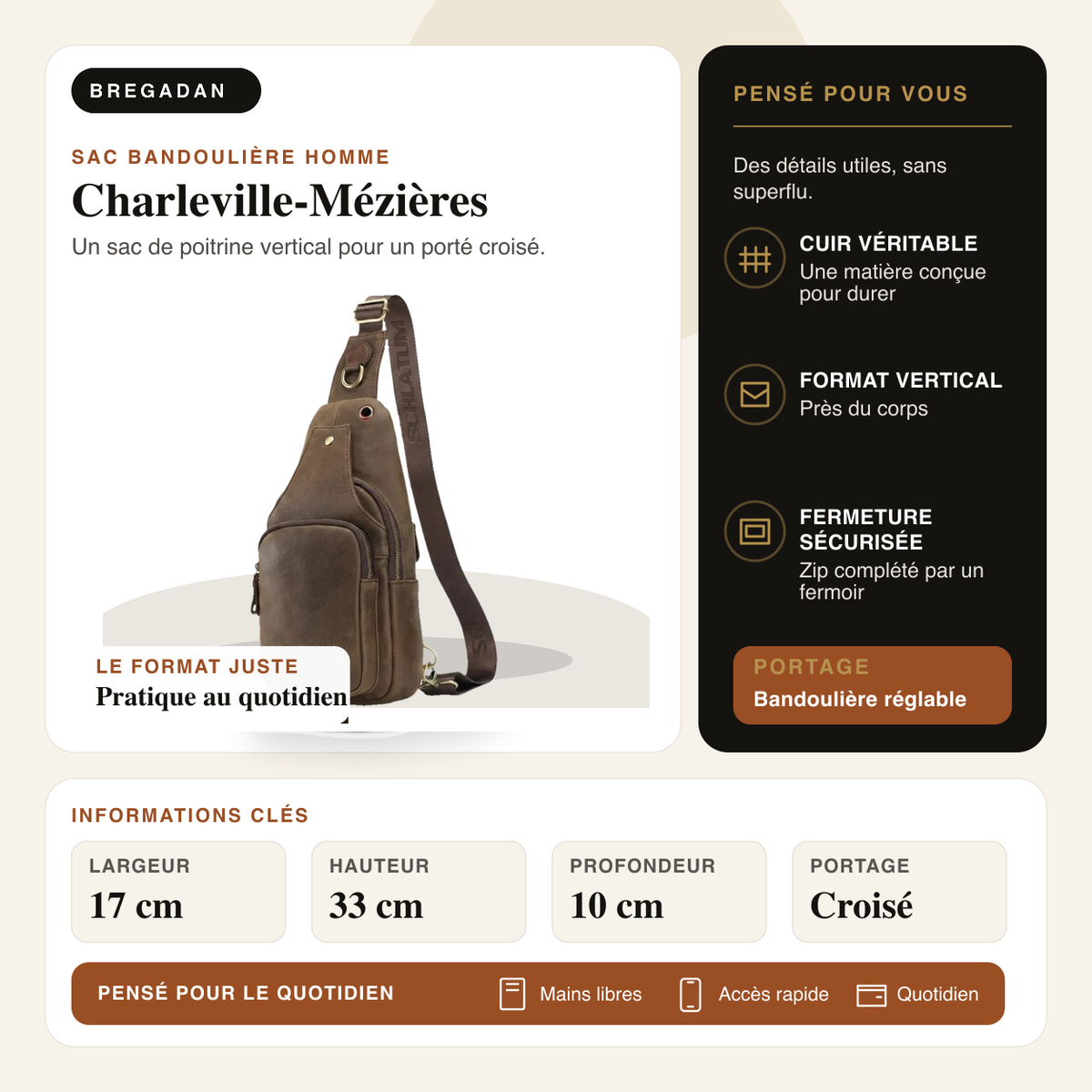 Charleville-Mézières — infographie Bregadan V3 : Un sac de poitrine vertical pour un porté croisé; largeur 17 cm