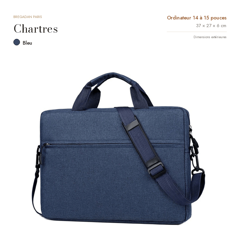 Chartres, sacoche ordinateur simili cuir, coloris bleu, format 14 à 15 pouces, 37 × 27 × 6 cm