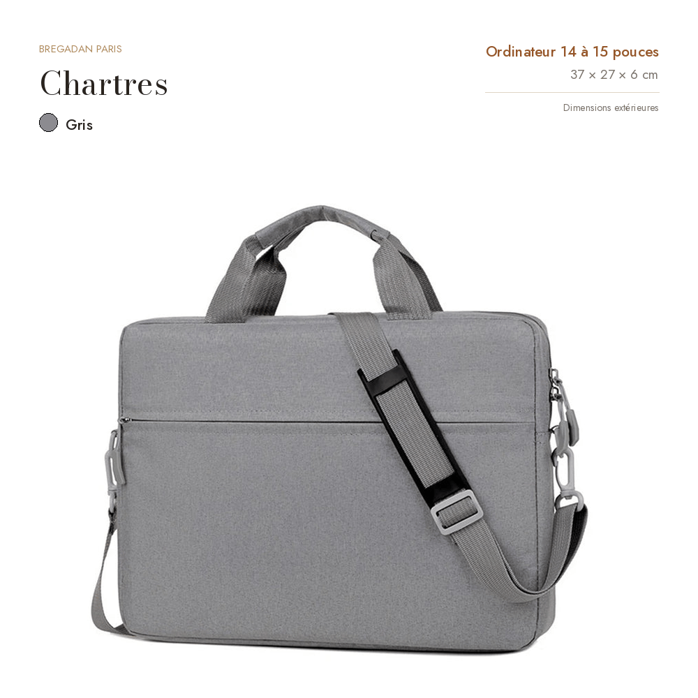 Chartres, sacoche ordinateur simili cuir, coloris gris, format 14 à 15 pouces, 37 × 27 × 6 cm