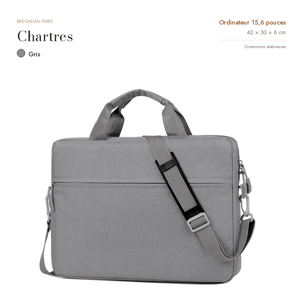 Chartres, sacoche ordinateur simili cuir, coloris gris, format 15,6 pouces, 42 × 30 × 6 cm