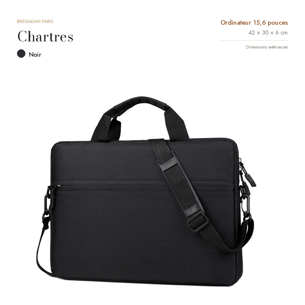 Chartres, sacoche ordinateur simili cuir, coloris noir, format 15,6 pouces, 42 × 30 × 6 cm