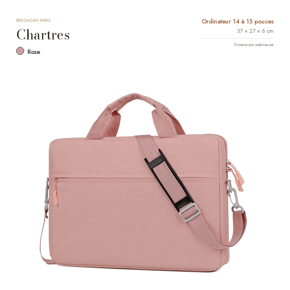 Chartres, sacoche ordinateur simili cuir, coloris rose, format 14 à 15 pouces, 37 × 27 × 6 cm
