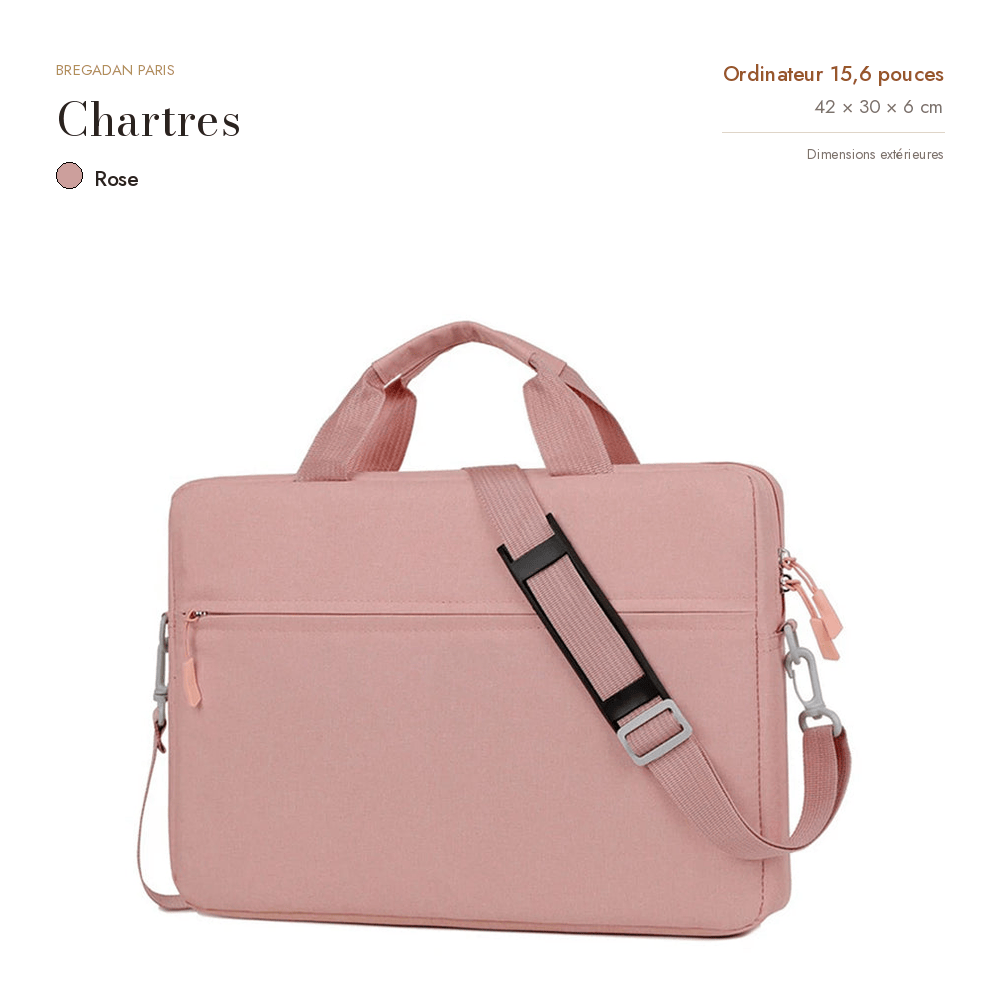 Chartres, sacoche ordinateur simili cuir, coloris rose, format 15,6 pouces, 42 × 30 × 6 cm