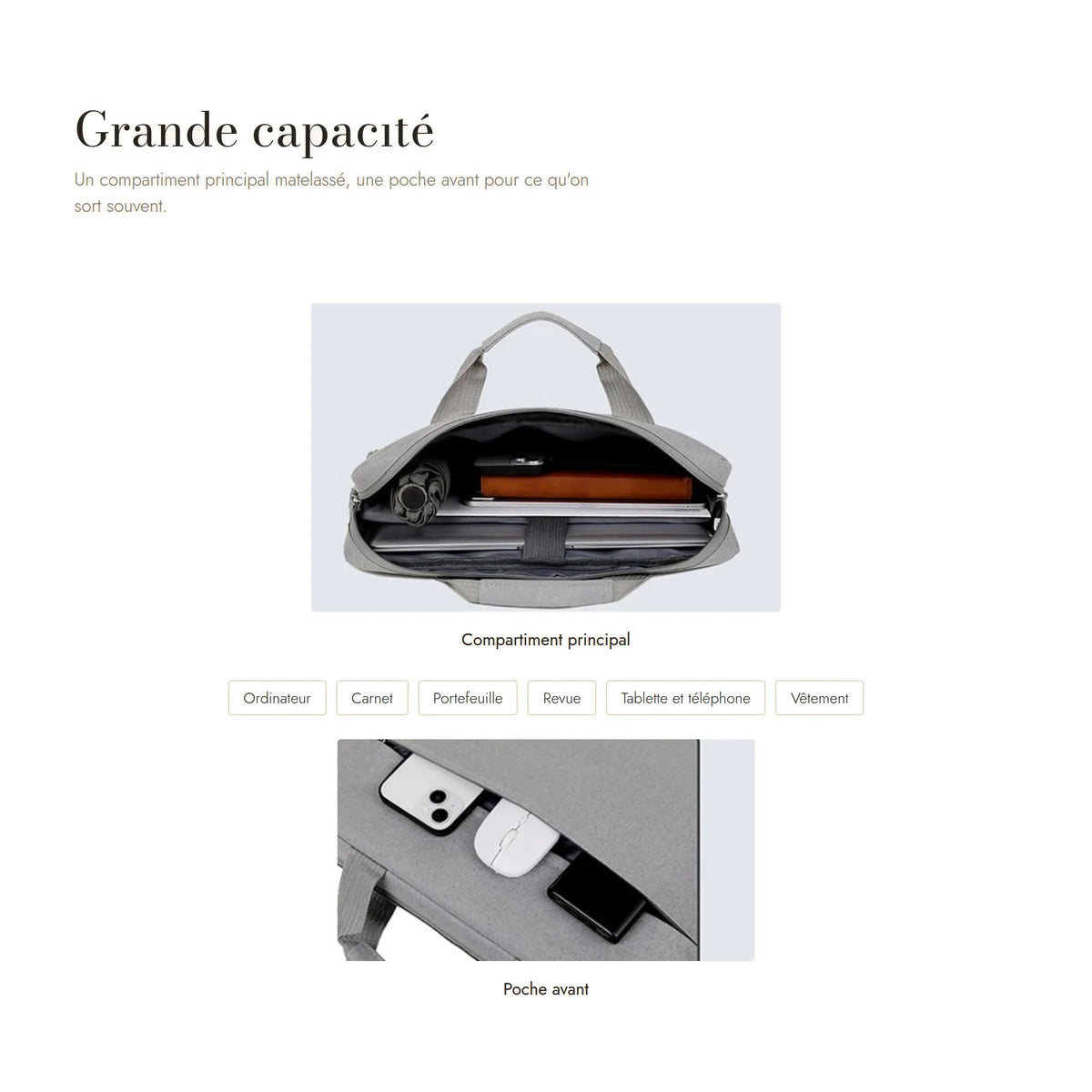 Chartres, sacoche ordinateur simili cuir — compartiment principal ouvert et poche avant, ordinateur, carnet et portefeuille