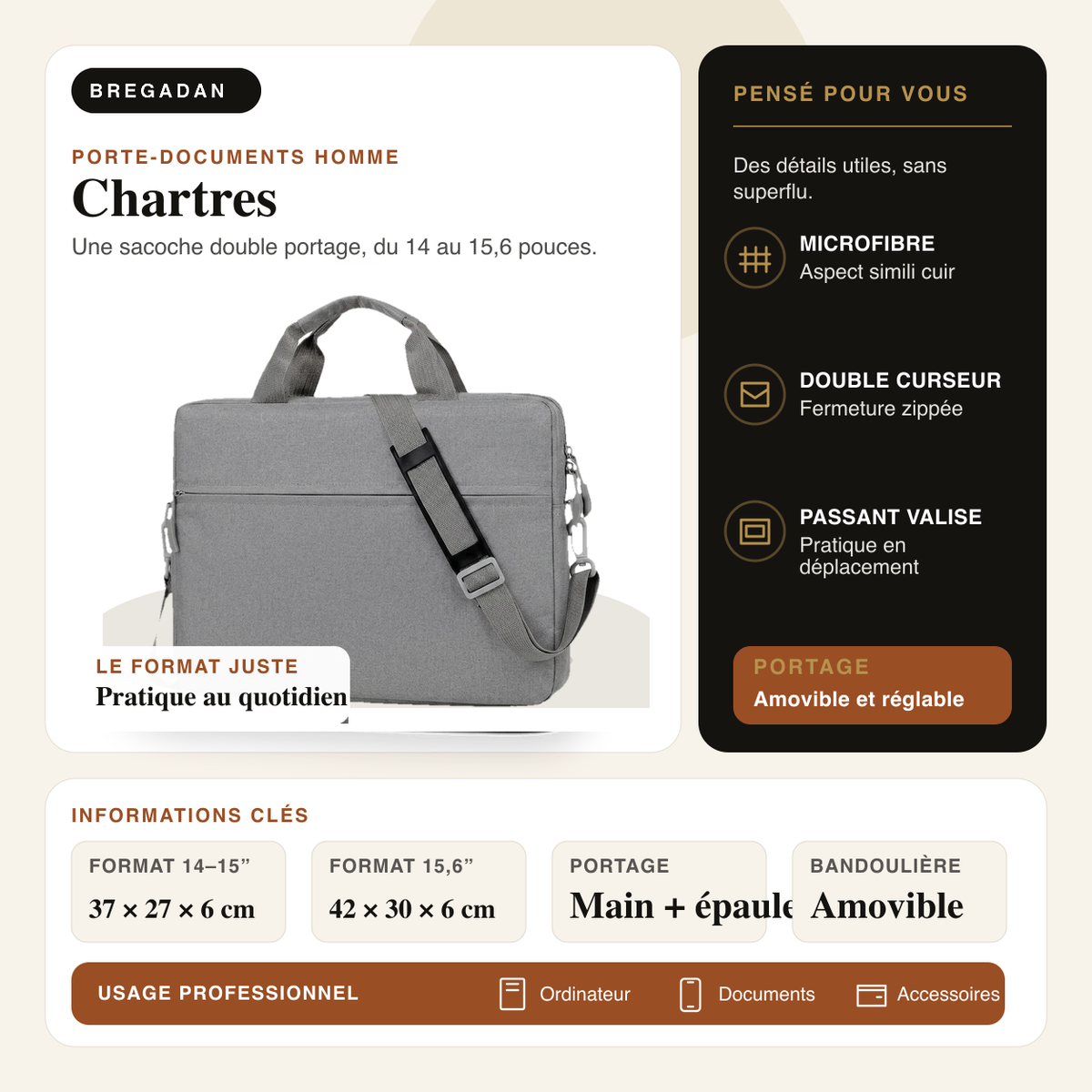 Chartres — infographie Bregadan V3 : une sacoche double portage, du 14 au 15,6 pouces, format 14–15” 37 × 27 × 6 cm