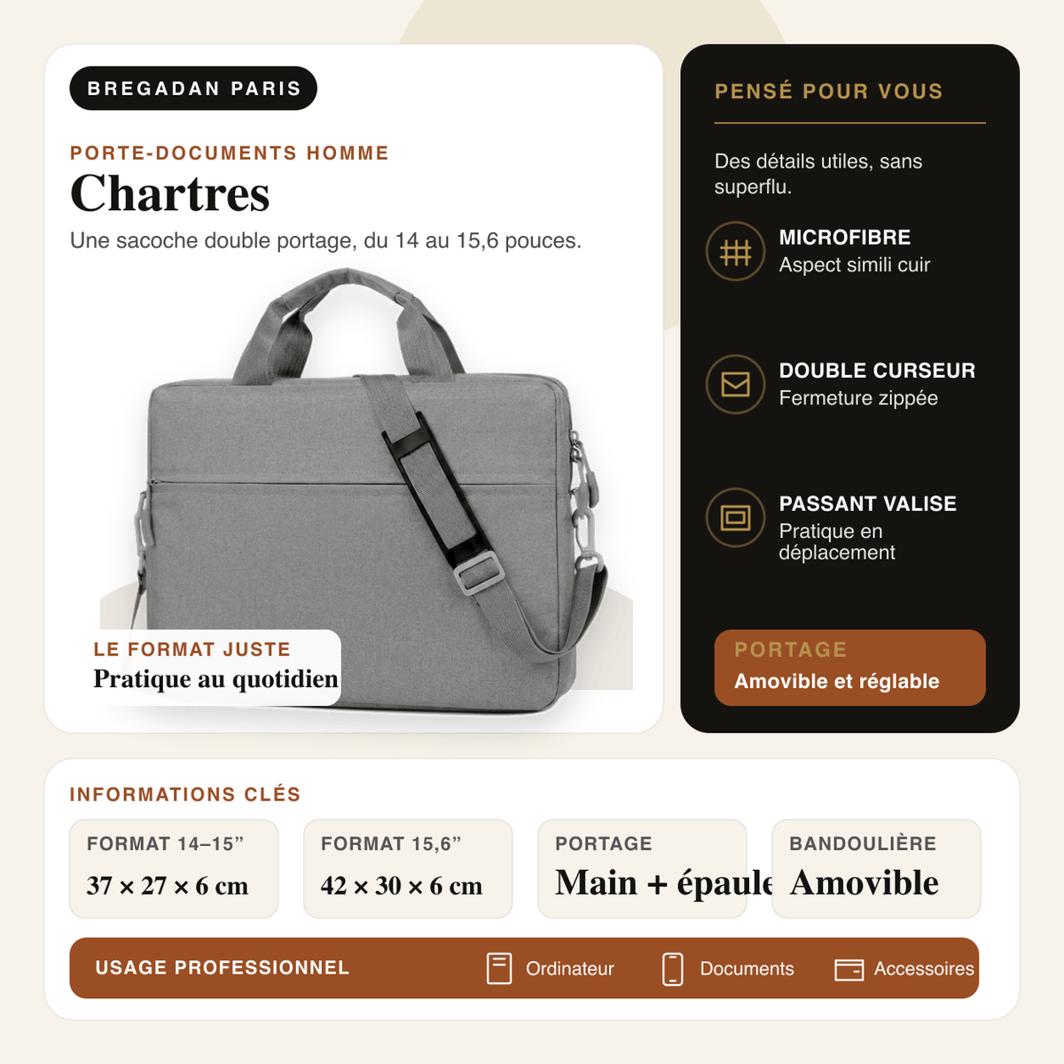 Chartres — infographie Bregadan V3 : une sacoche double portage, du 14 au 15,6 pouces, format 14–15” 37 × 27 × 6 cm