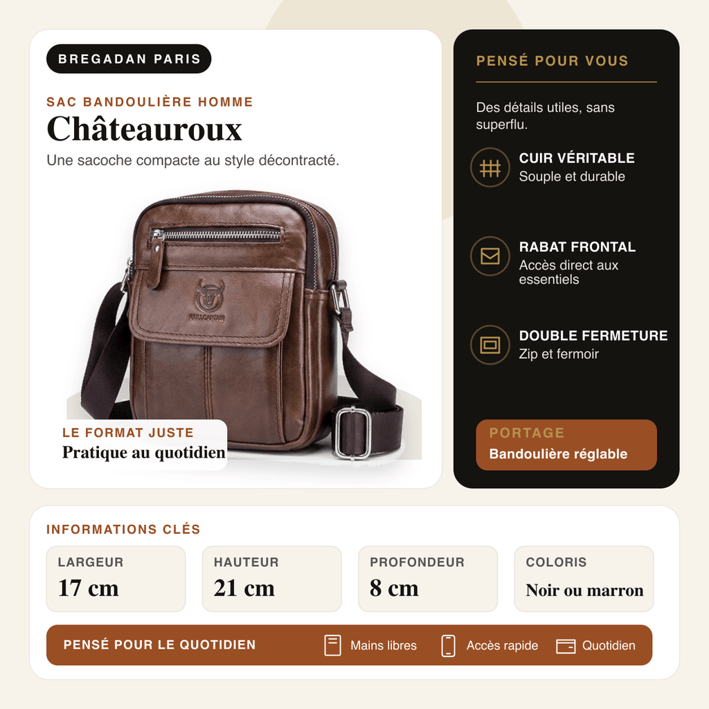 Châteauroux — infographie Bregadan V3 : Une sacoche compacte au style décontracté; largeur 17 cm, hauteur 21 cm