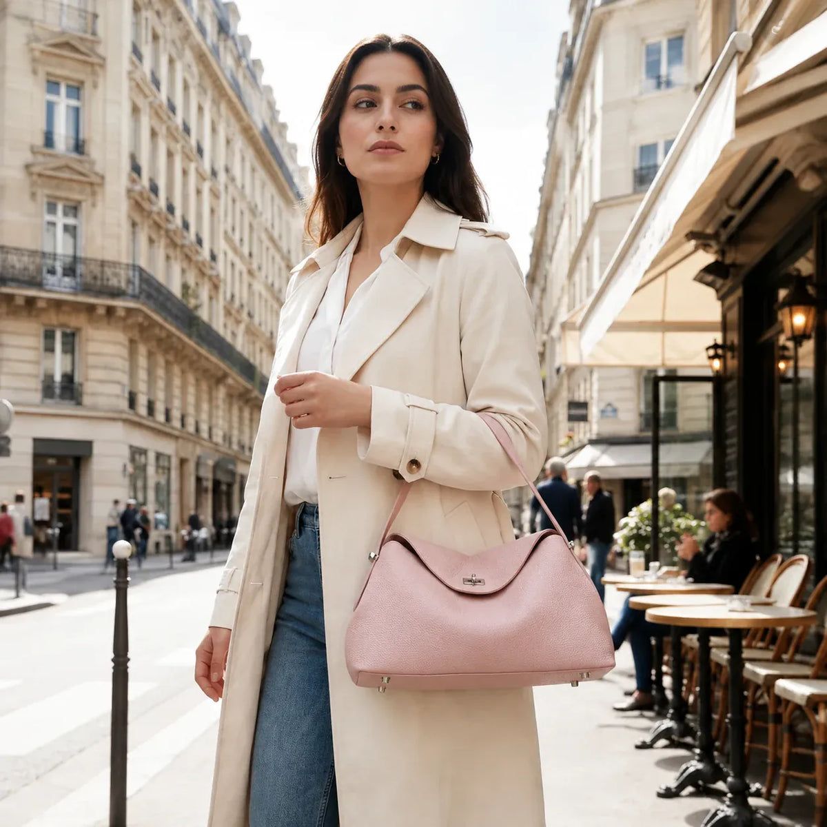 Chelles - sac rose poudré porté dans une rue parisienne