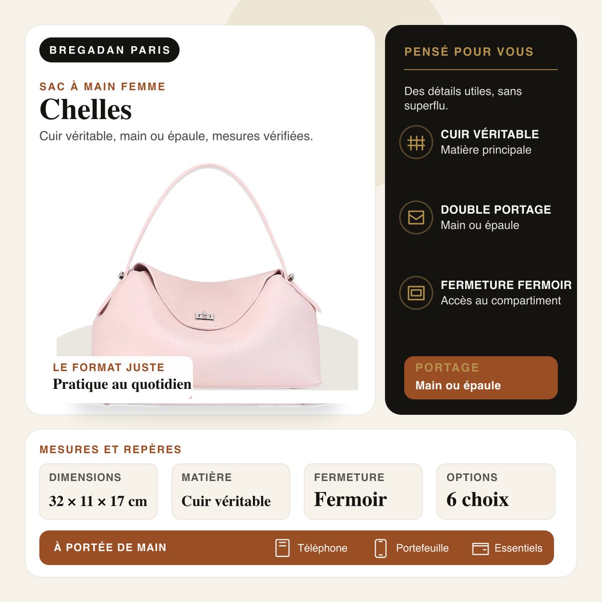Chelles — infographie Bregadan V3 : cuir véritable, main ou épaule, dimensions 32 × 11 × 17cm