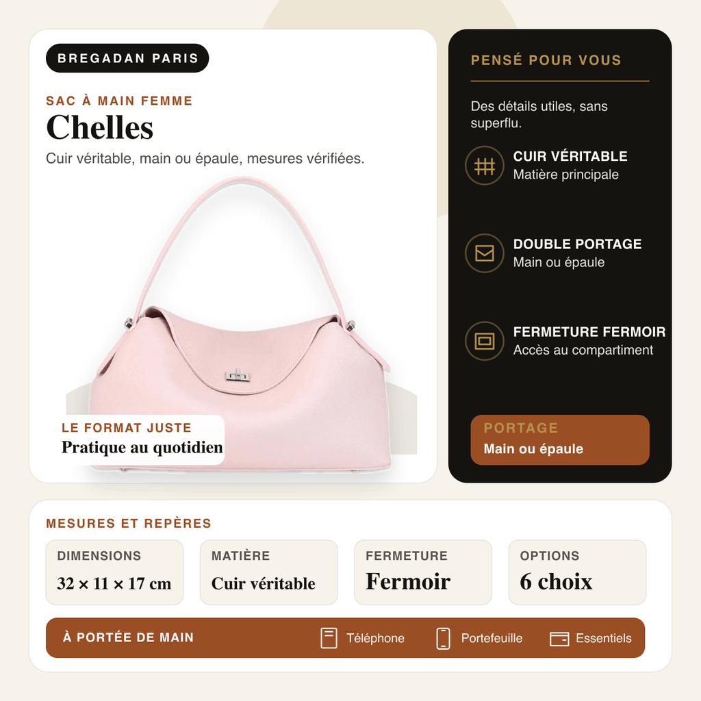 Chelles — infographie Bregadan V3 : cuir véritable, main ou épaule, dimensions 32 × 11 × 17cm