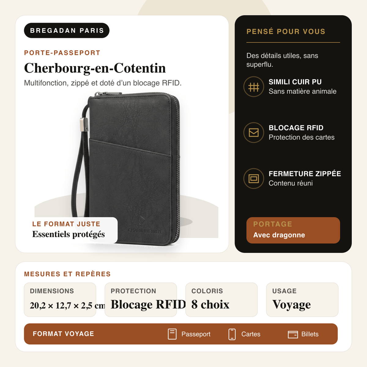 Cherbourg-en-Cotentin — infographie Bregadan V3 : multifonction, zippé et doté d’un blocage rfid, dimensions 20,2 ×