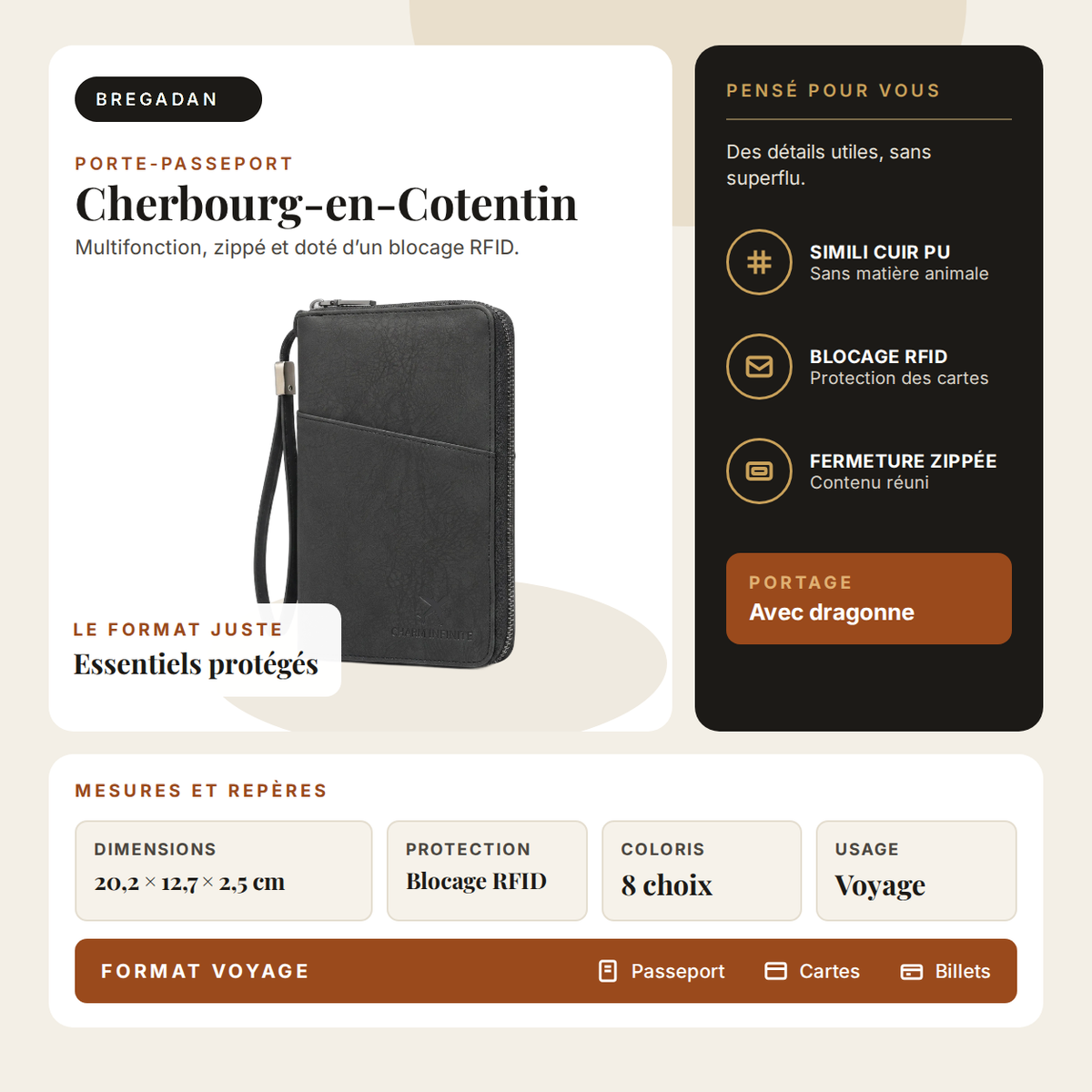 Cherbourg-en-Cotentin — infographie Bregadan V3 : porte-passeport multifonction, zippé, blocage RFID, dimensions 20,2 × 12,7 × 2,5 cm