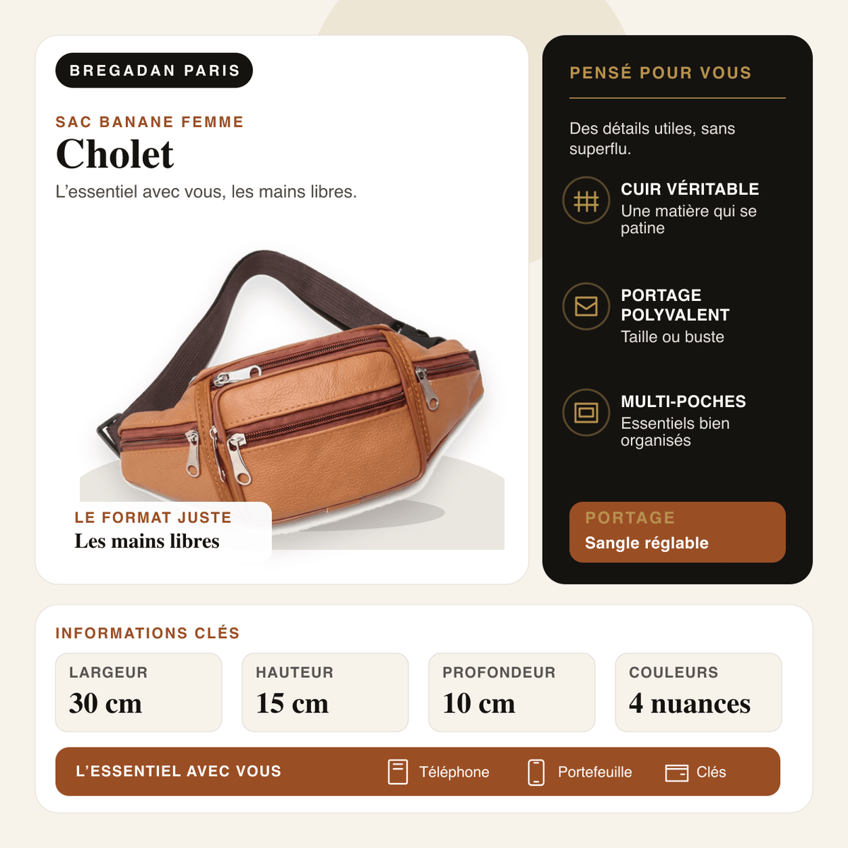 Cholet — infographie Bregadan V3 : cuir véritable, portage taille ou buste