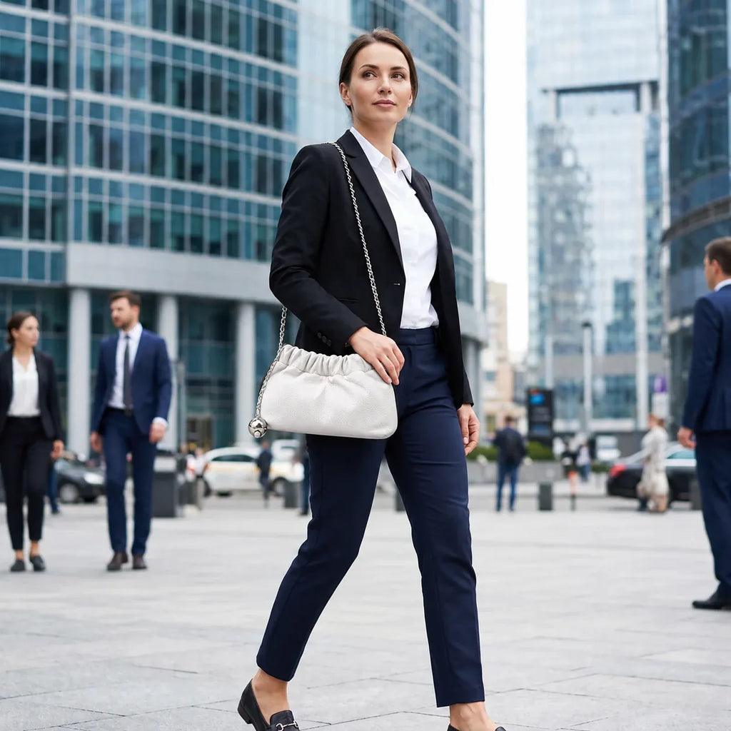 Sac Clamart très clair, variante Beige, porté avec sa chaîne argentée