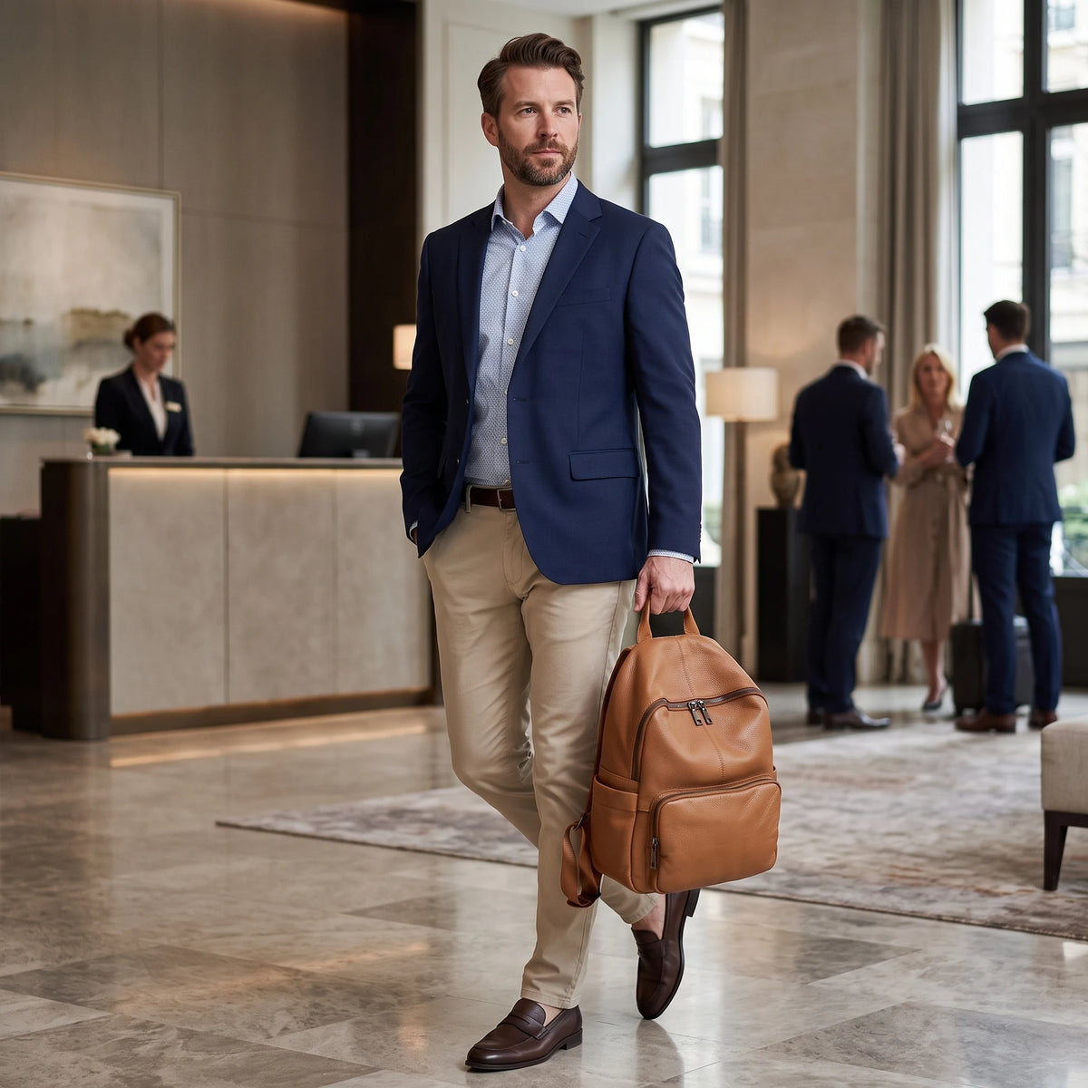 Clichy - sac à dos cuir camel porté par un homme à l'hôtel