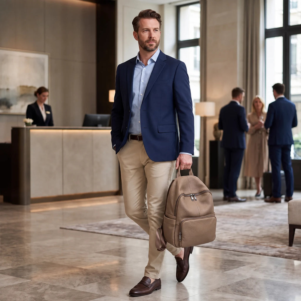 Clichy — sac à dos naturel taupe porté, vue complète