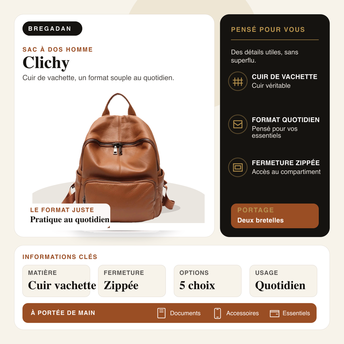 Clichy — infographie Bregadan V3 : sac à dos en cuir de vachette, fermeture zippée, 5 options.