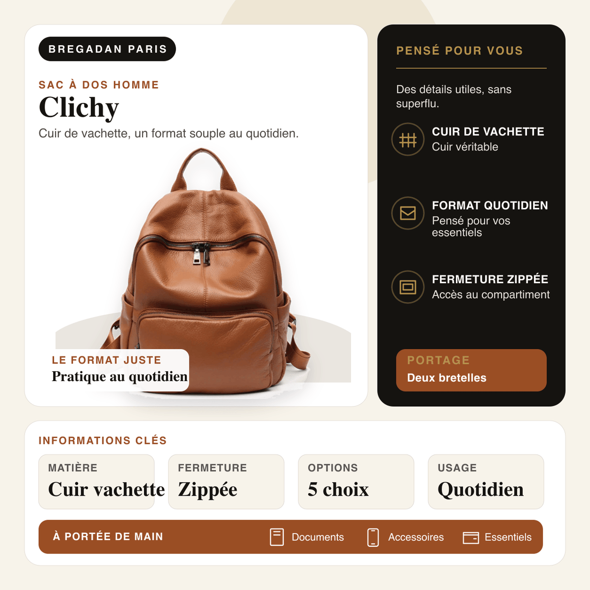Clichy — infographie Bregadan V3 : sac à dos en cuir de vachette, fermeture zippée, 5 options.