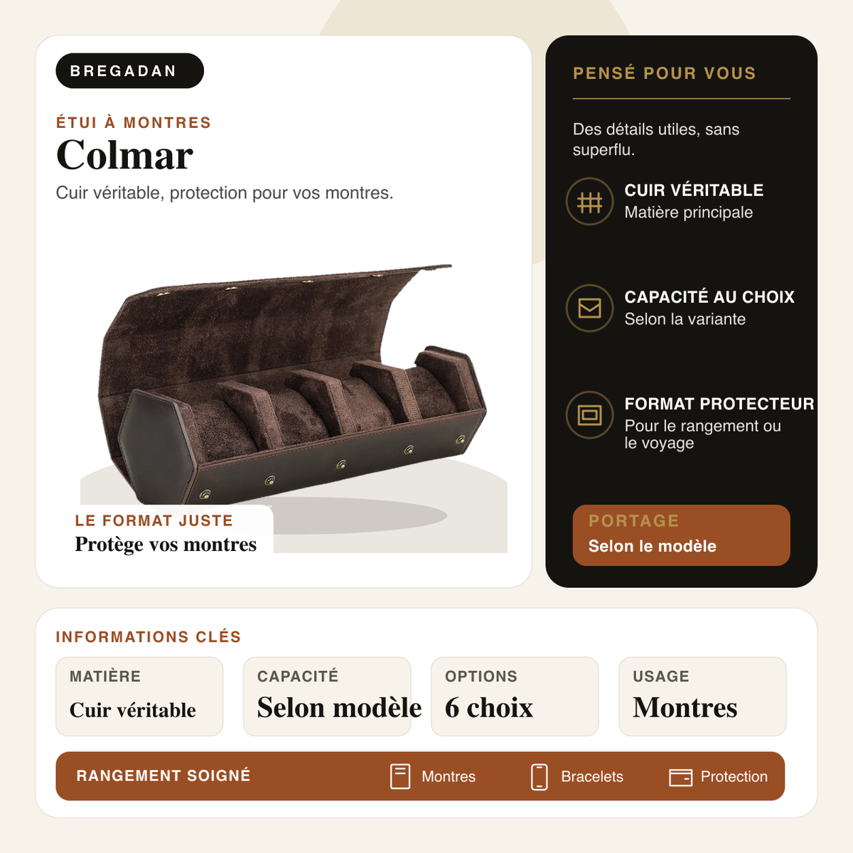 Colmar — infographie Bregadan V3 : cuir véritable, protection pour vos montres, matière Cuir véritable, capacité Selon