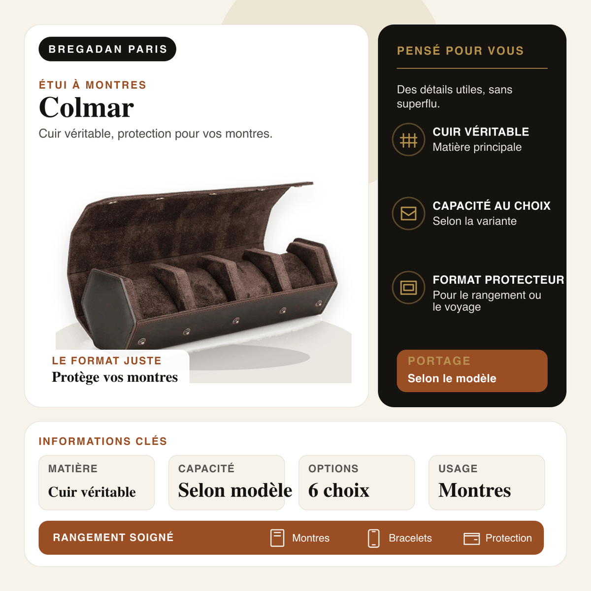 Colmar — infographie Bregadan V3 : cuir véritable, protection pour vos montres, matière Cuir véritable, capacité Selon