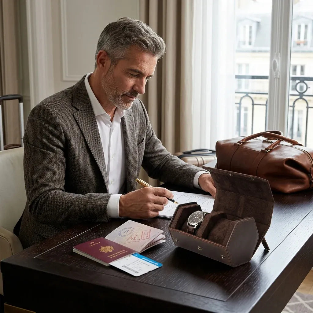 Colmar - étui à montres en cuir véritable, 1 à 8 emplacements, mise en situation, coloris brun café, deux emplacements
