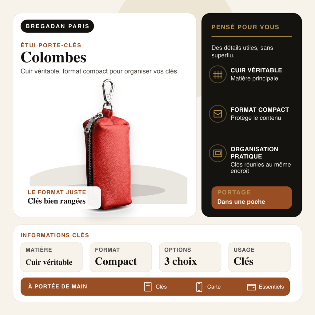 Colombes — infographie Bregadan V3 : cuir véritable, format compact pour organiser vos clés, matière Cuir véritable