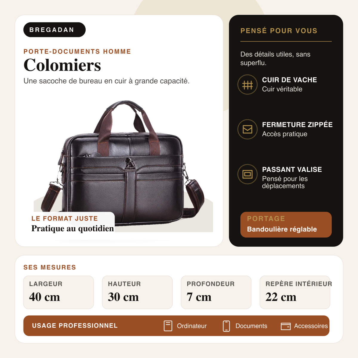 Colomiers — infographie Bregadan V3 : une sacoche de bureau en cuir à grande capacité, largeur 40 cm, hauteur 30 cm
