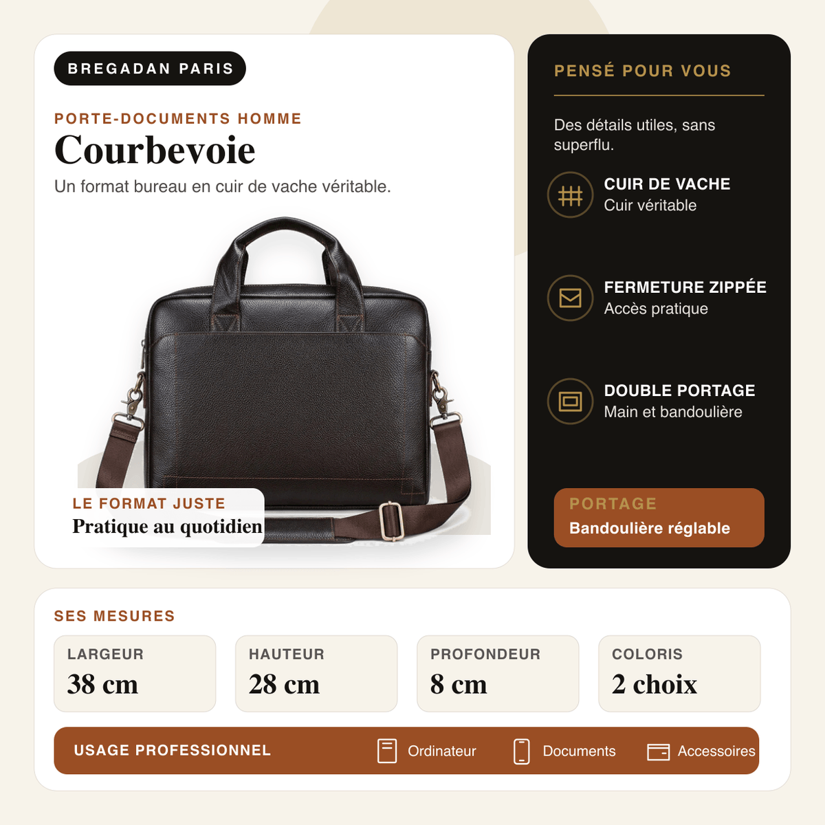 Courbevoie — infographie Bregadan V3 : un format bureau en cuir de vache véritable, largeur 38 cm, hauteur 28 cm
