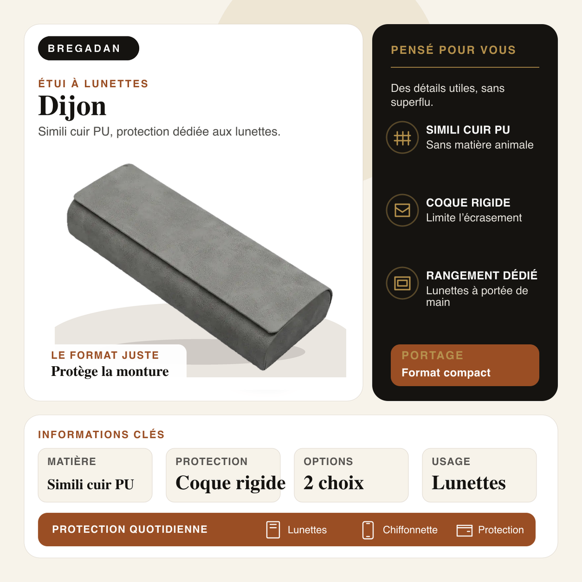 Dijon — infographie Bregadan V3 : simili cuir pu, protection dédiée aux lunettes, matière Simili cuir PU, protection