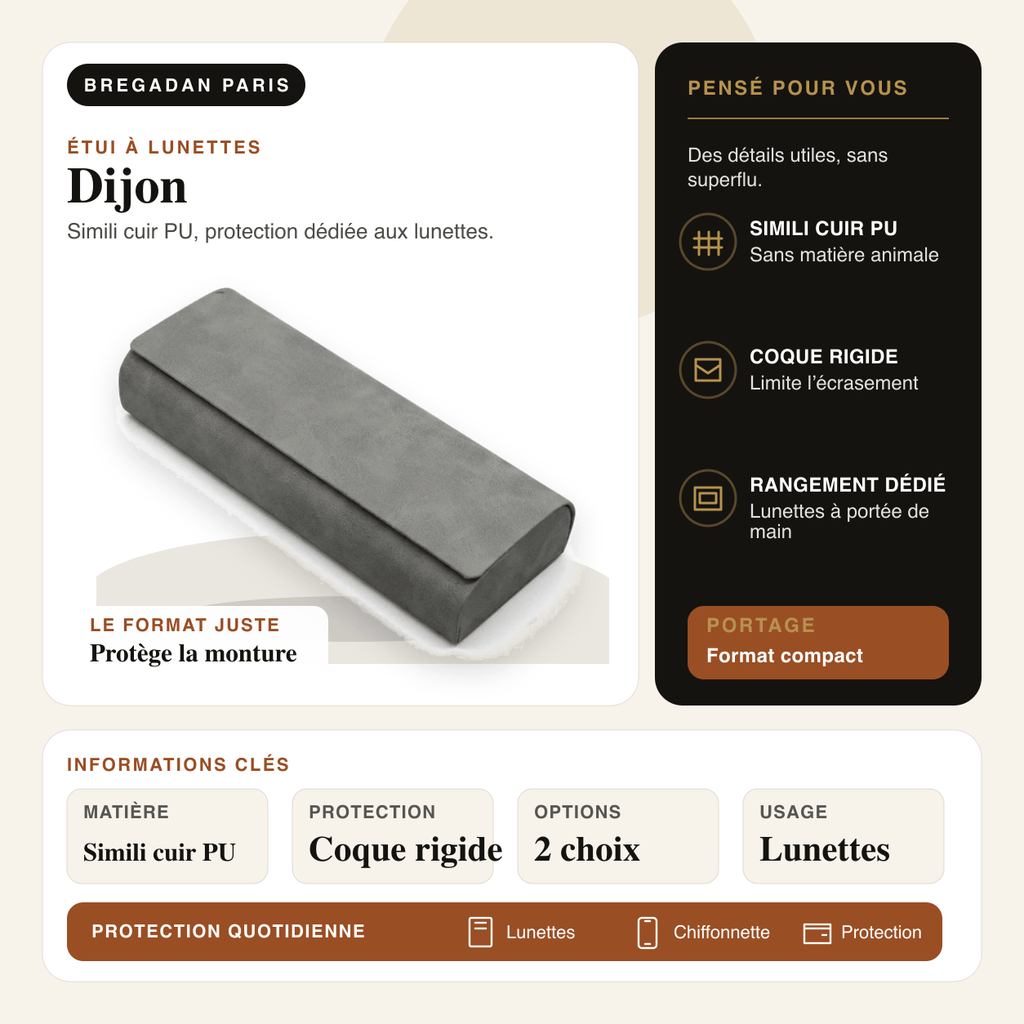 Dijon — infographie Bregadan V3 : simili cuir pu, protection dédiée aux lunettes, matière Simili cuir PU, protection