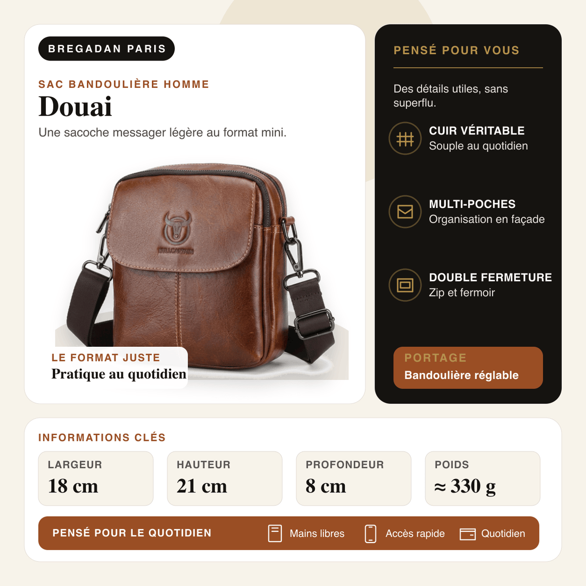 Douai — infographie Bregadan V3 : Une sacoche messager légère au format mini; largeur 18 cm, hauteur 21 cm, profondeur 8 cm